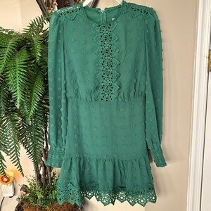 Love By Design Rina Long Sleeve Dotted Chiffon Lace Trim Dress Green Ruffle